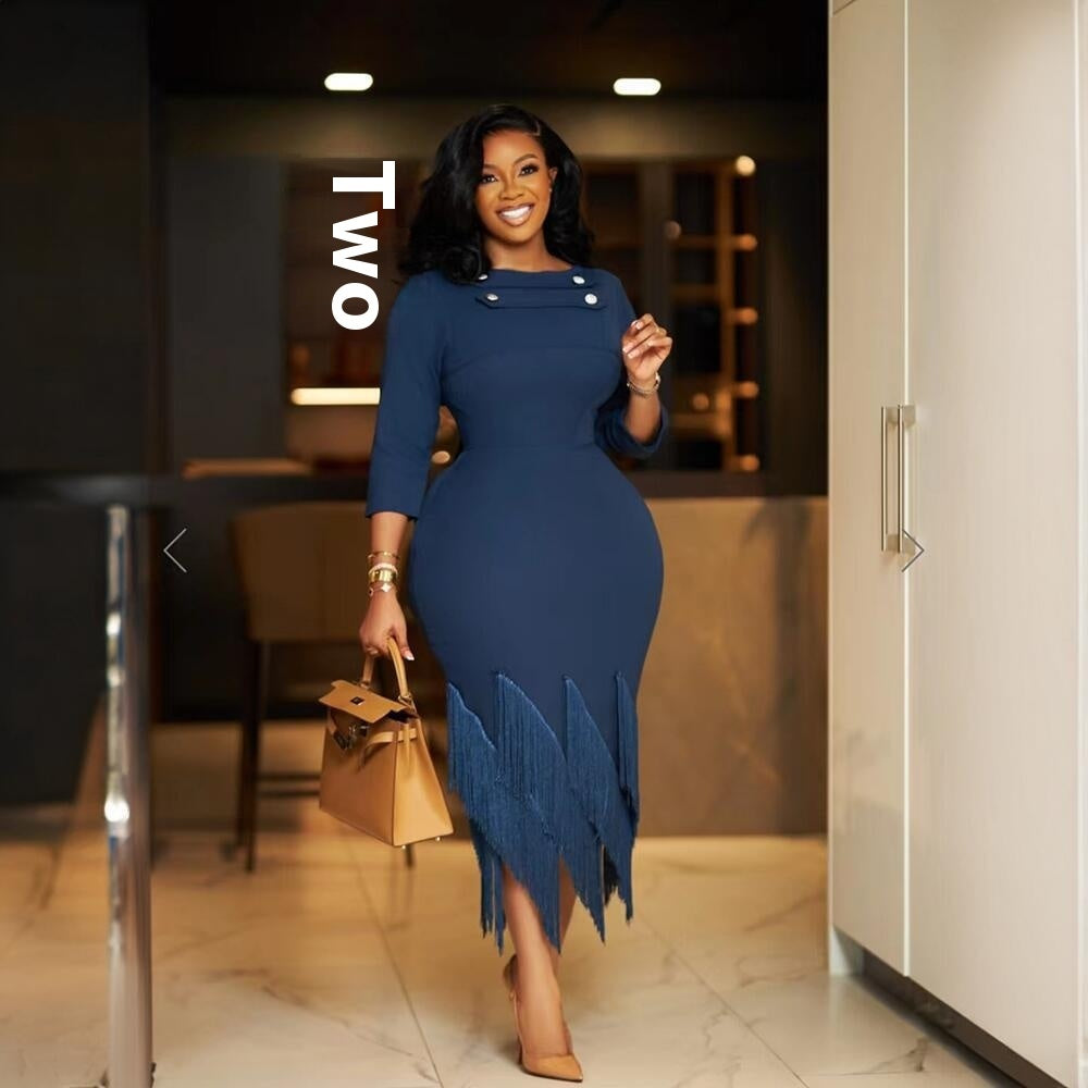 Diagnol Fringe Tassel Hem Back Bowknot Design Long Sleeve Midi Dress to 3X Plus Size