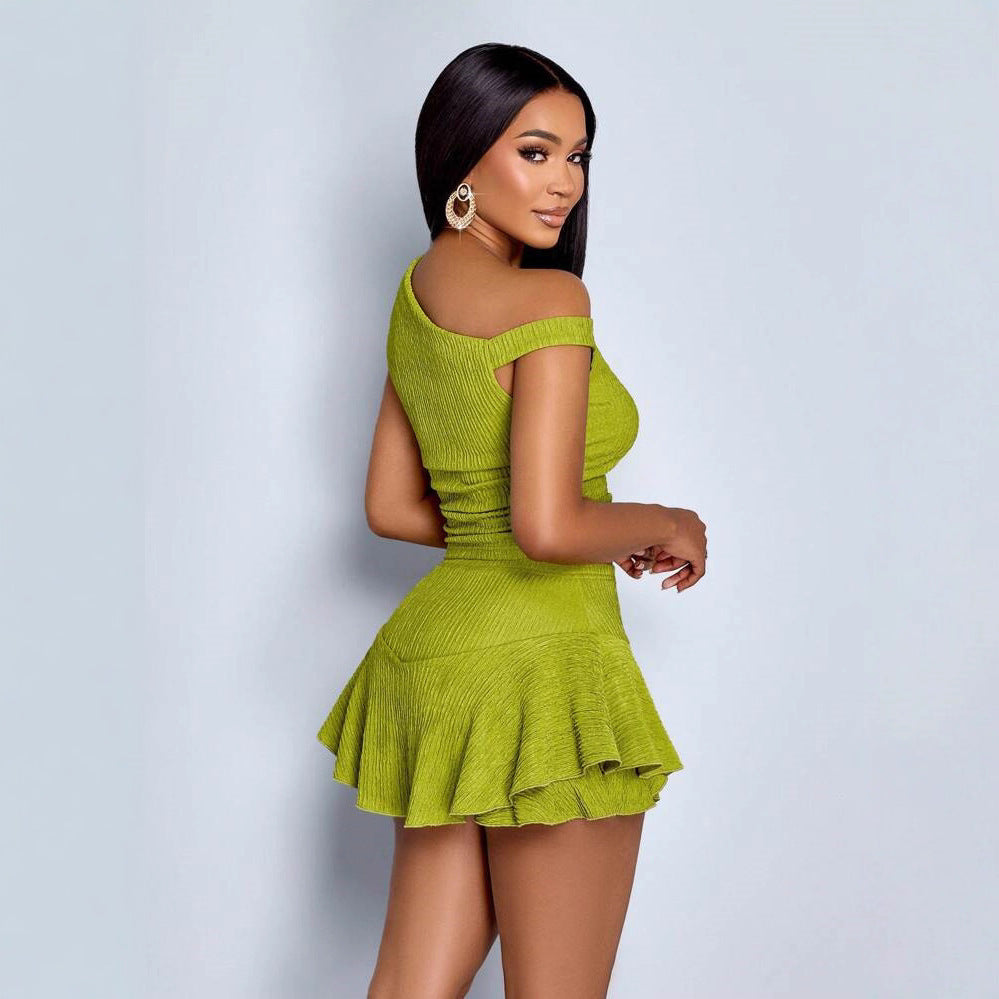 Asymmetrical One Shoulder Women's Solid Color Ruched Fitted Crop Top + Ruffled Mini Skirt 2-Piece Set