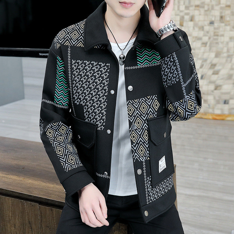Men's Geometric Colorblock Turn-Down Collar Button-Up Jacket