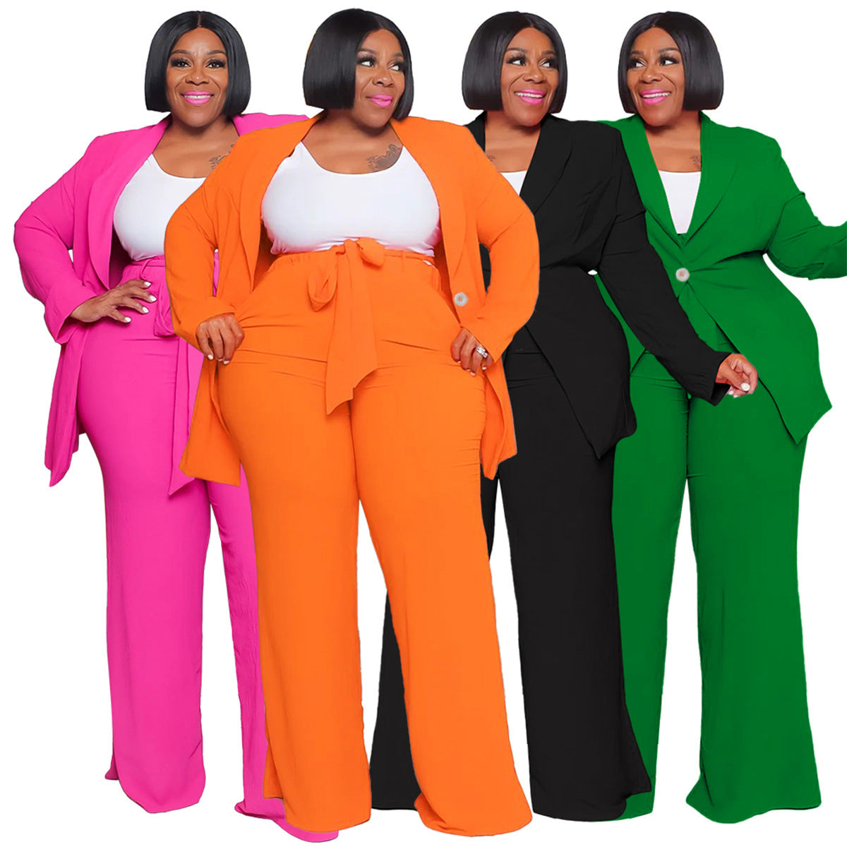 Bright Pastel Solid Color Women's Single Breasted Blazer Jacket+ Wide Leg Long Pants Business Suit to 4X Plus Size