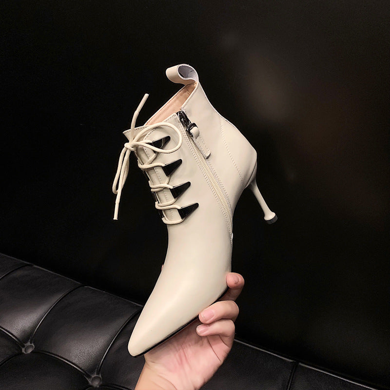 Leather Solid Color High Heel Lace-Up Women's Ankle Boots