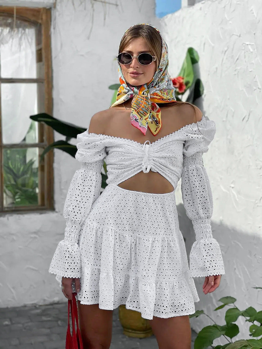 White Embroidered Hollow-Out Flared Long Sleeve Mini Dress