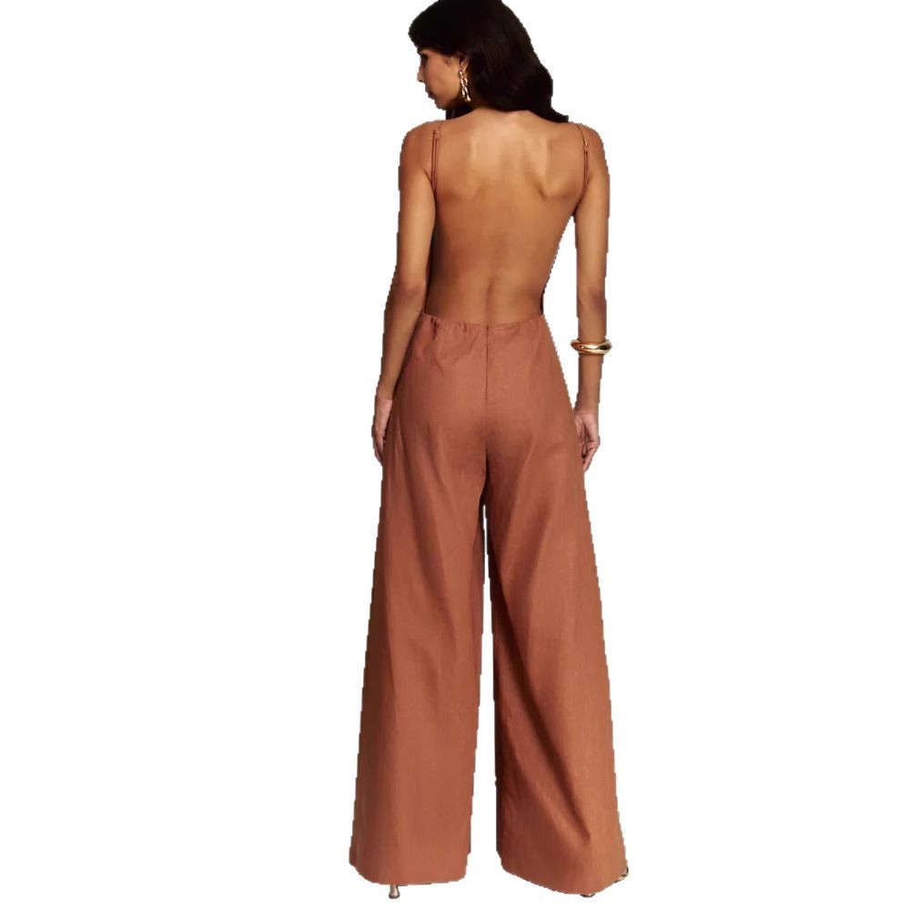 Wide Leg Solid Color Backless Suspender Sleeveless Wide Leg Women's Jumpsuit