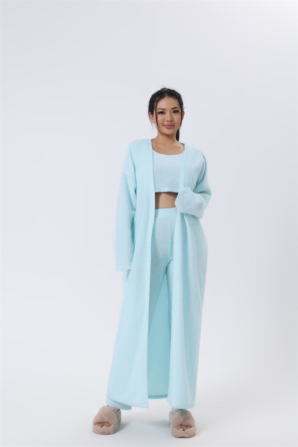 Women's 3-Piece Pajamas Sleepwear Set: Open Solid Color Maxi Cardigan Robe, Sleeveless Cami Top + Leggings