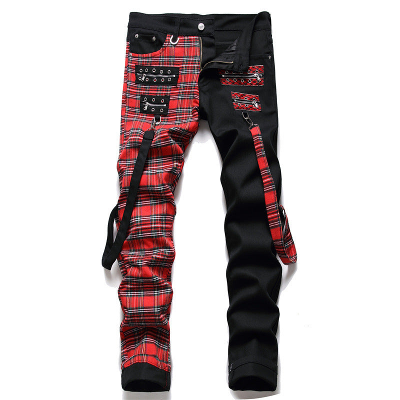 Men's Irregular Plaid Patchwork Black/Red Zipper Design Panelled Colorblock Straight Leg Hip-Hop Skinny Jeans