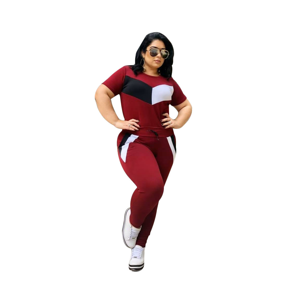Plus Size Patchwork Short-sleeved T-shirt Trousers Suit