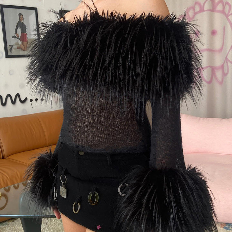 Knitted Faux Fur Collar Solid Color Off-the-Shoulder Long Furry Sleeve Women's Sweater