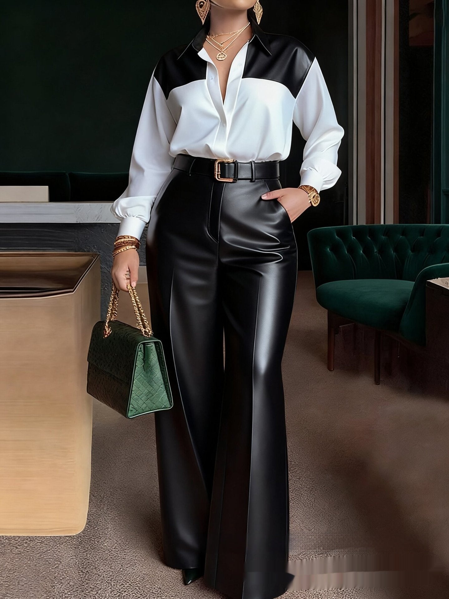 Colorblock Patchwork Women's Long Sleeve Blouse + Wide Leg Leather Pants 2-Piece Set to 3X Plus Size