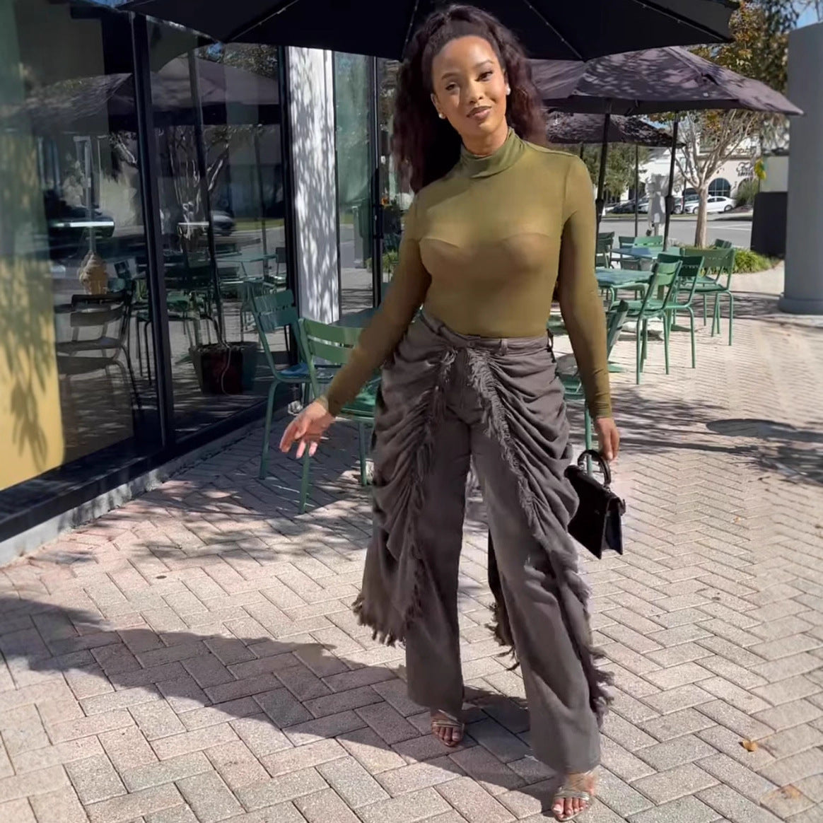 Denim Solid Color/Camoflauge Ruffled Tassel Fringe Design Women's Ruched Draped Layered Irregular Streetwear Jeans