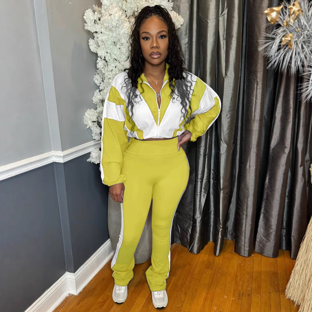 Colorblock Striped Women's Fitness Zipper Jacket+ Solid Sweatpants Tracksuit