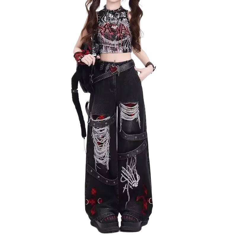 Vintage Ripped Plaid Patchwork Washed Distressed Women's Baggy Hip-Hop Streetwear Jeans