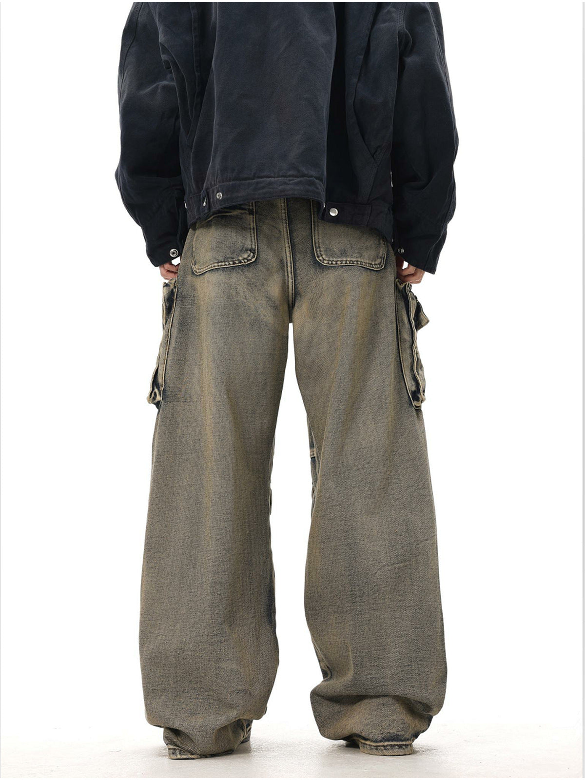 Men's Faded Washed Hip-Hop Multi-Pocketed Loose Wide Leg Cargo Jeans