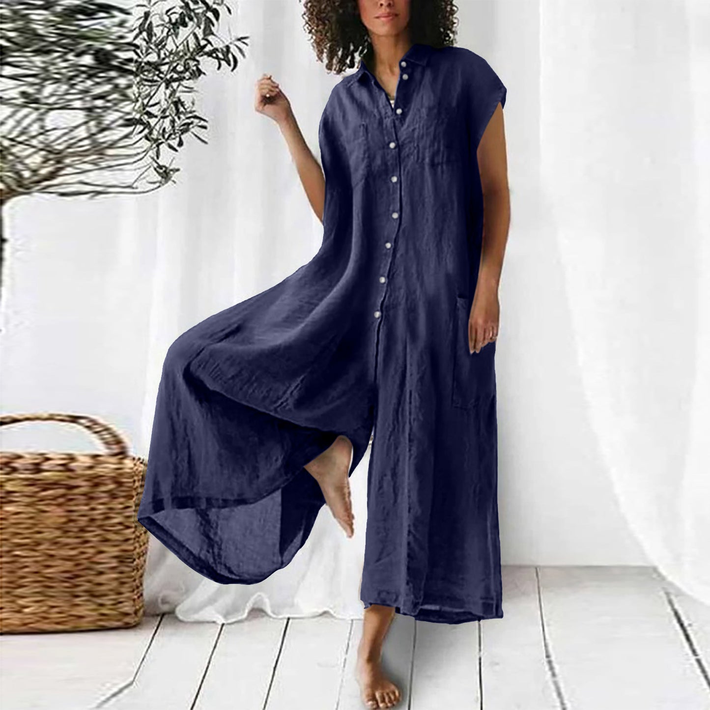Button-Up Solid Color Short Sleeve Midi Length Women's Wide Leg Jumpsuit