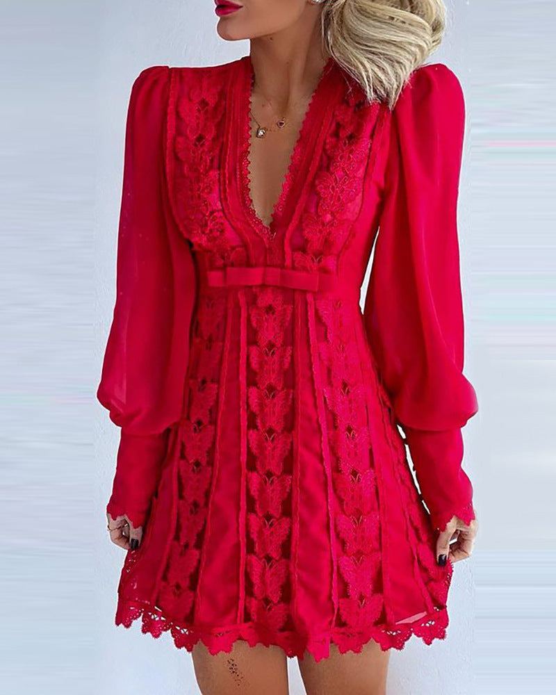 Lace Butterfly Design Deep V-Neck Long Puff Sleeve Mini Beach Dress