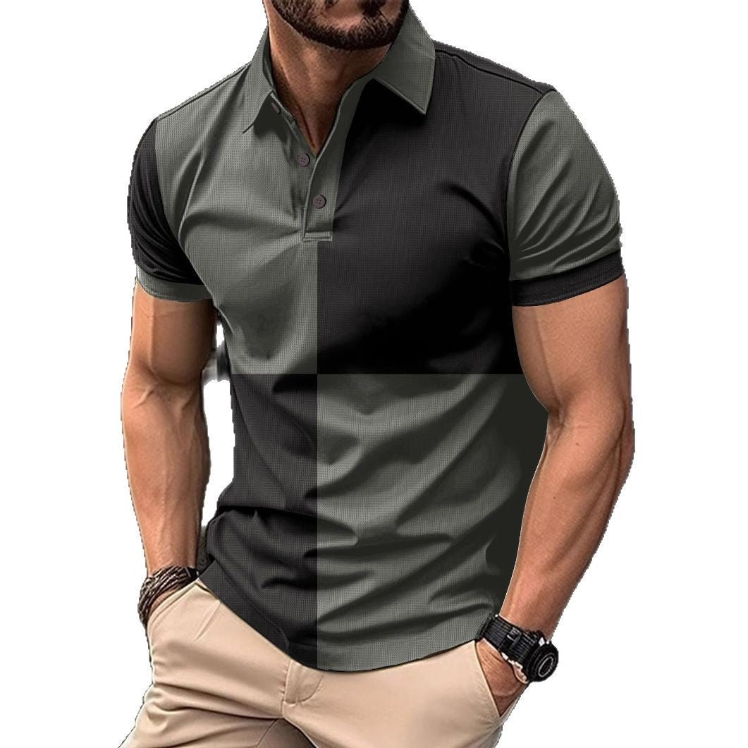 Colorblock Checker Print Turn-Down Collar Button-Up Polo Shirt