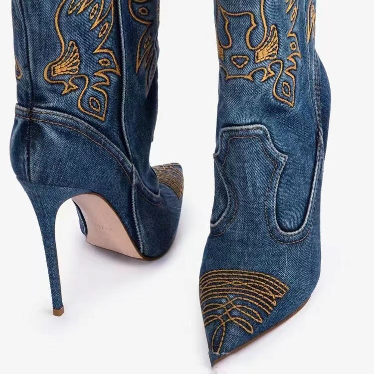 Western Denim/PU Leather Embroidered Stiletto Heel Women's Ankle Boots