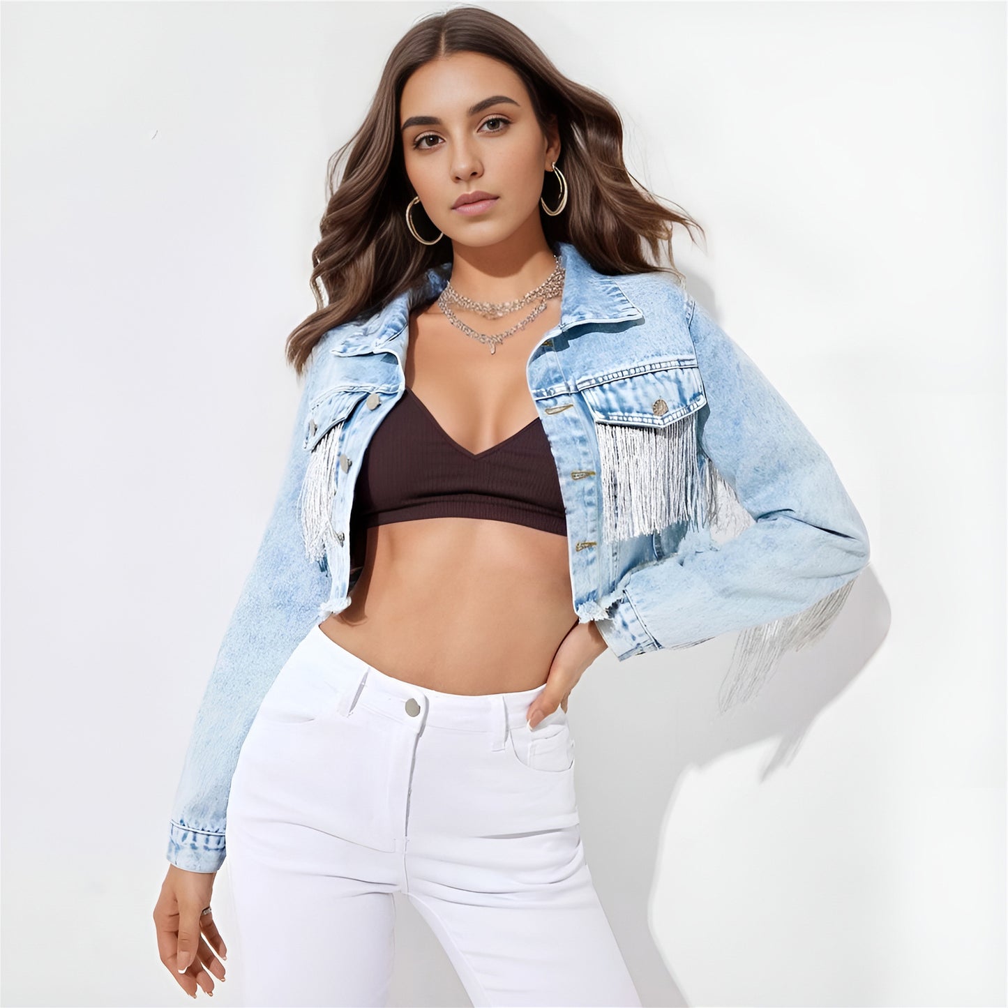 Denim Western Hanging Tassel Fringe Design Women's Cowgirl Jean Jackets
