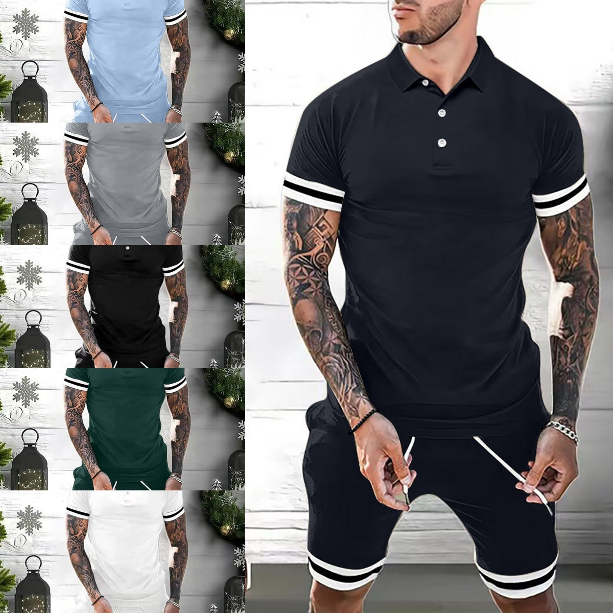 Men's Side Striped Turn-Down Collar Short Sleeve Polo Shirt + Shorts 2-Piece Set