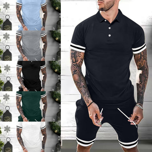 Men's Side Striped Turn-Down Collar Short Sleeve Polo Shirt + Shorts 2-Piece Set