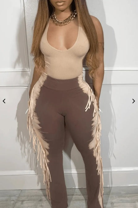 Side Tassel Fringe Design Sleeveless Women's V-Neck Skinny Jumpsuit