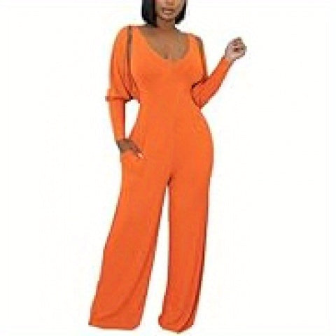 Ribbed Knitted Solid Color Batwing Sleeve Blazer + U-Neck Women's Sleeveless Jumpsuit 2-Piece Set