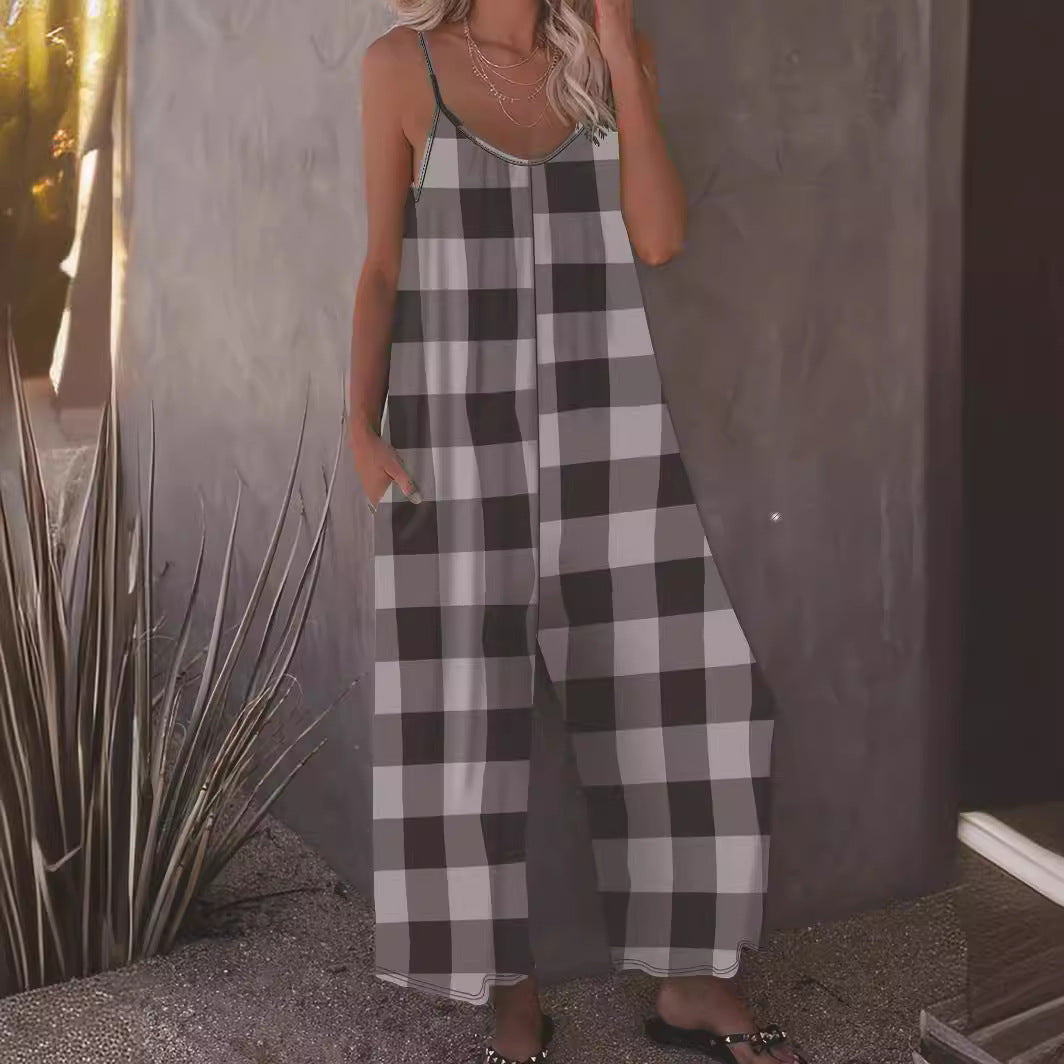 Checker Plaid Colorblock Women's Sling Spaghetti Strap Wide Leg Jumpsuit to 5X Plus Size