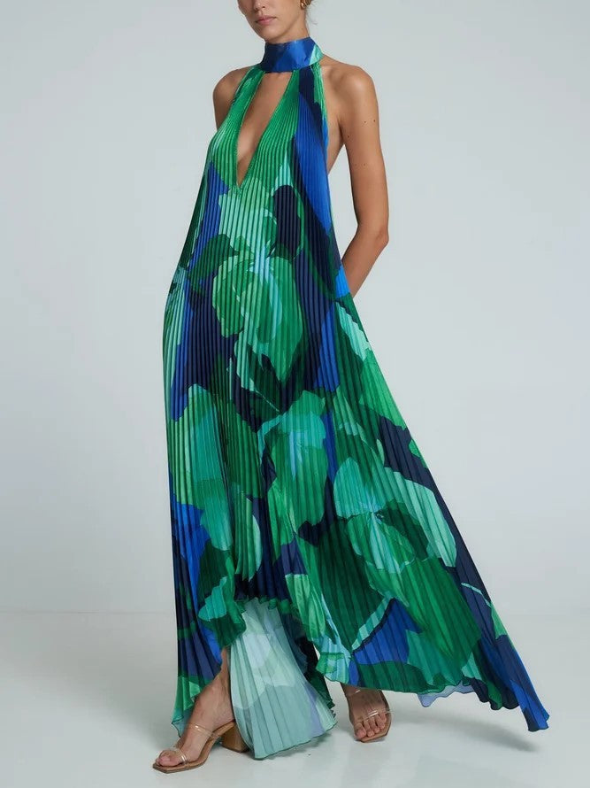 Floral Print Pleated Sleeveless Deep V-Neck Halter Backless Swing Maxi Dress