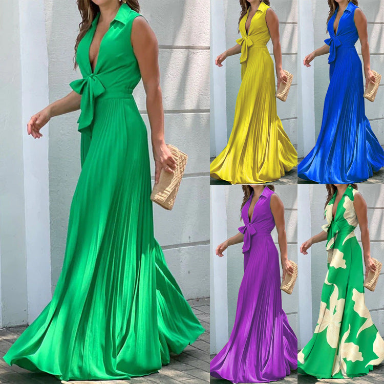 Ruffled Pleated Bowknot Lace-Up V-Neck Sleeveless Floral Print/Solid Color Wide Leg Jumpsuit
