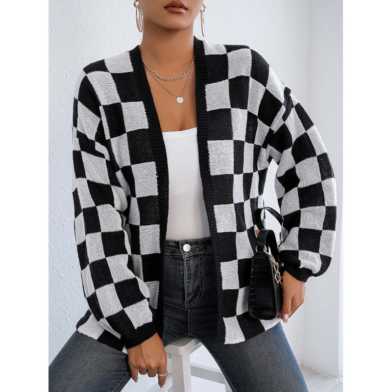 Wool Checker Plaid Print Women's Open Cardigan Sweater