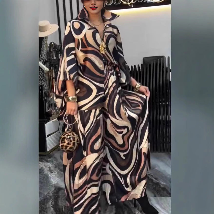 Swirl Print Long Sleeve Blouse + Wide Leg Loose Pants Women's 2-Piece Set to 3X Plus Size