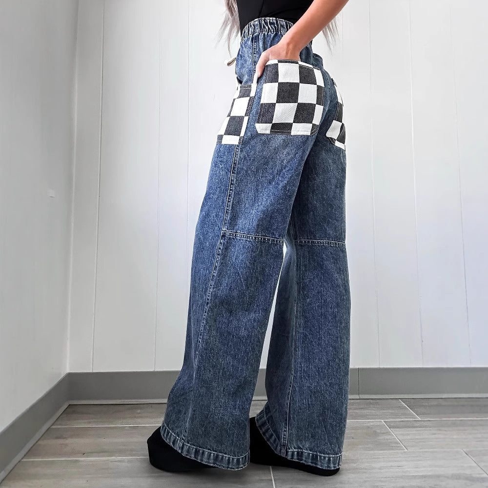 Denim Loose Plaid Checker Print Contrast Colorblock Women's Elastic Waist Drawstring Trouser Jeans