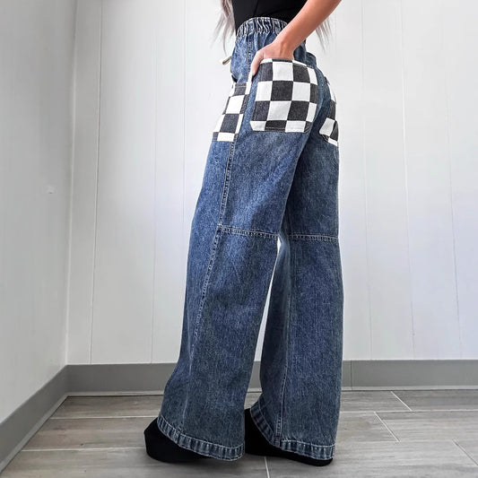 Denim Loose Plaid Checker Print Contrast Colorblock Women's Elastic Waist Drawstring Trouser Jeans