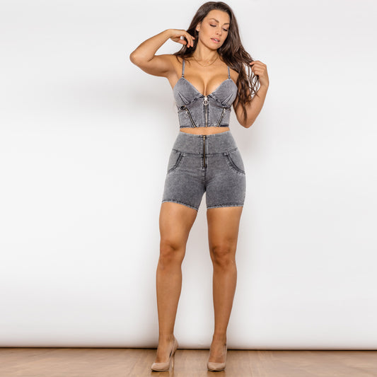 Denim Women's Stonewashed Grey Crop Tank Top + Mini Jean Shorts 2'Piece Sets
