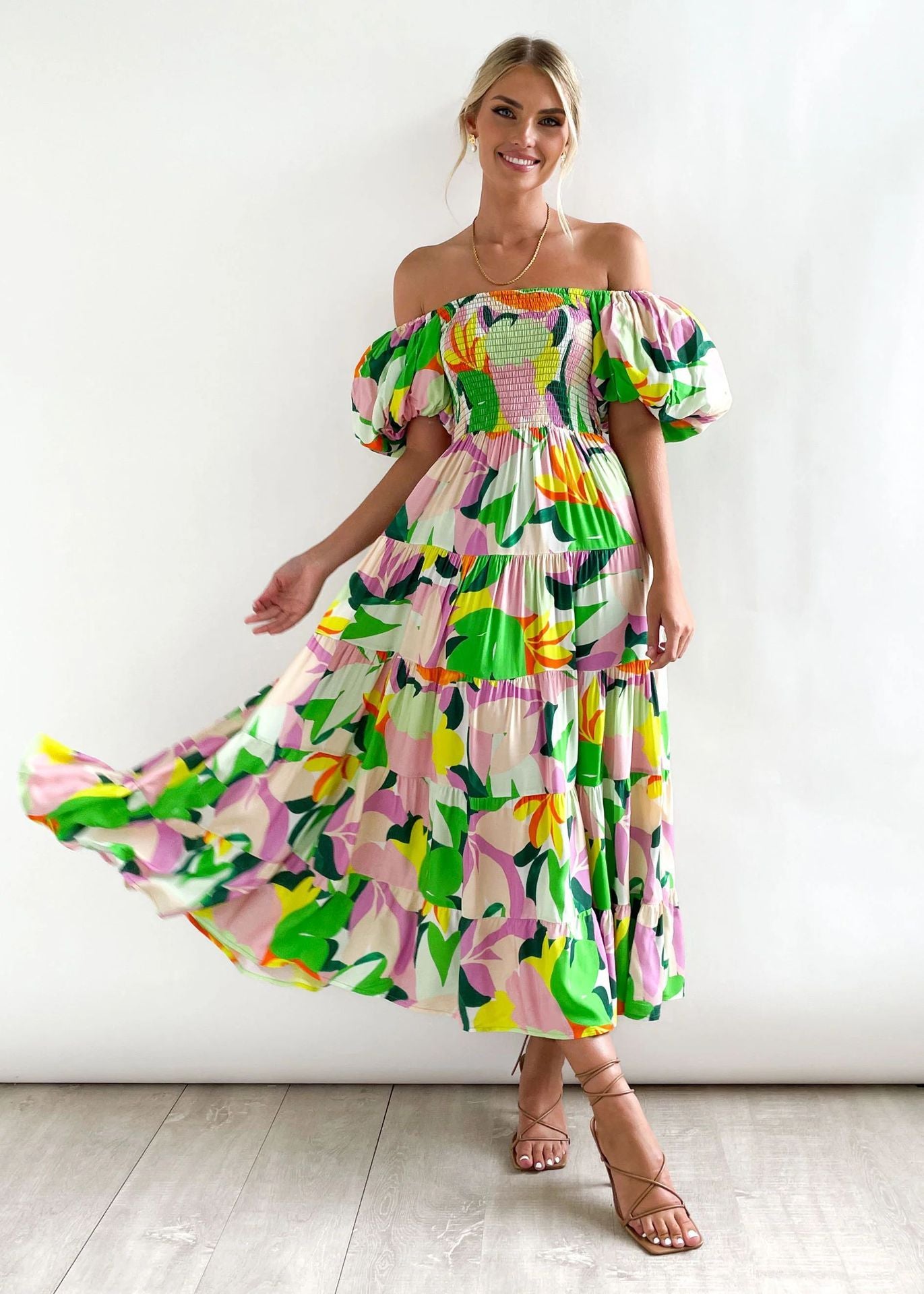 Flower Print Tiered Short Bubble Sleeve High Waist Off-the-Shoulder Bohemian Maxi Dress