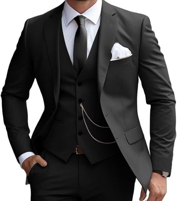 Men's Pocketed Solid Color Single Breasted Blazer w/ Button-Up Vest & Pants 3-Piece Formal Suit