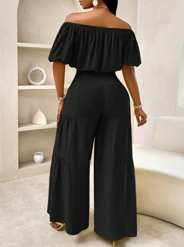 Ruched Solid Color Women's Off-the-Shoulder Short Sleeve O-Neck Crop Top + Wide Leg Tiered Bowknot Lace-Up Pants 2-Piece Set to 3X Plus Size