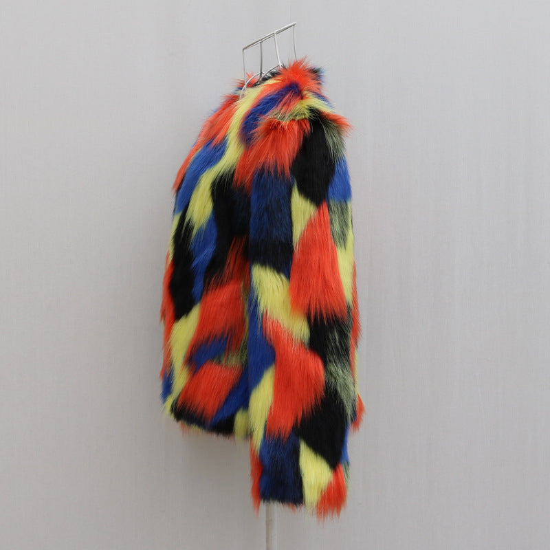 Faux Fox Fur Rainbow Colorblock Women's O-Neck Jacket to 8X Plus Size