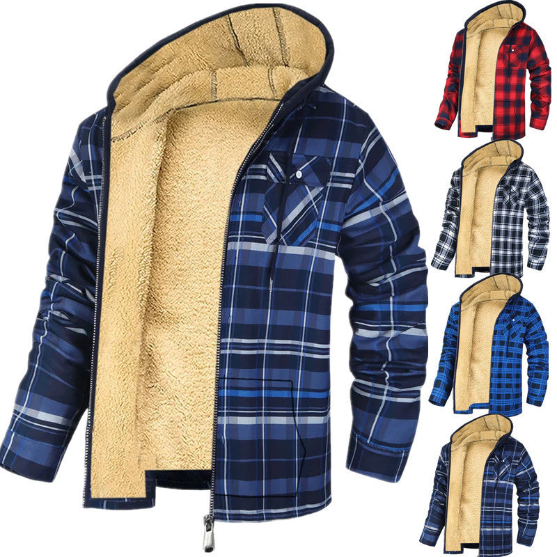 Men's Plaid Print Fleece Lined Hoodie Zipper Jacket