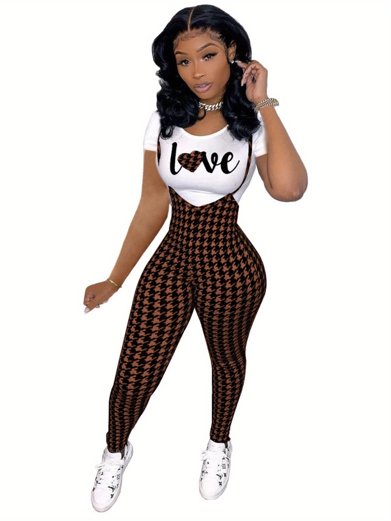 Sleeveless Houndstooth Plaid Print Cami Overalls Jumpsuit w/Love Heart Print T-Shirt Women's 2-Piece Set