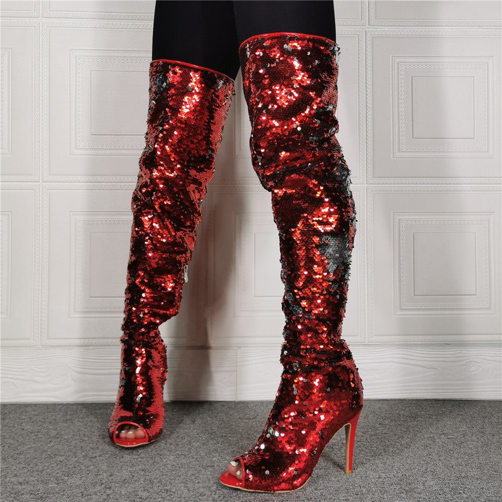 Red/Silver Sequin Women's FishMouth High Heel Over-the-Knee Peep  Toe Boots