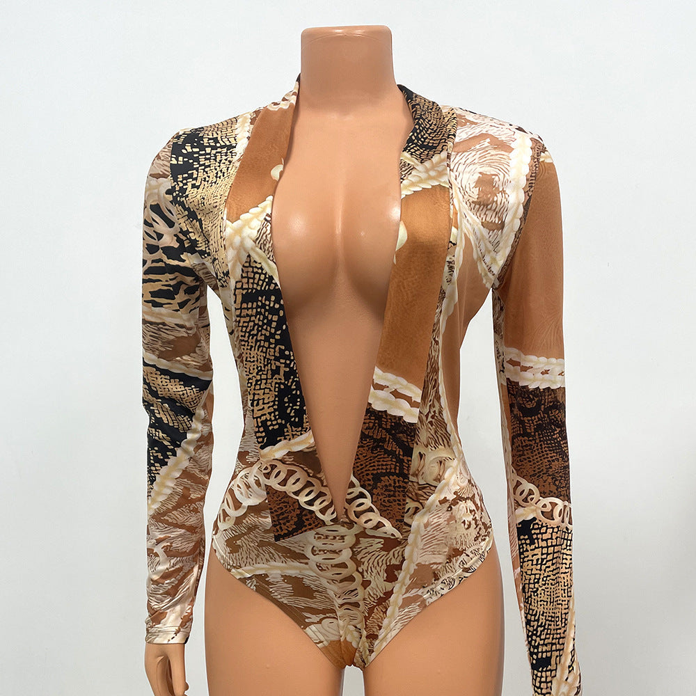 Tan/Brown Baroque Leopard Patchwork Print Long Sleeve Open Deep V-Neck Women's Bodysuit + Skin Tight Leggings 2-Piece Set