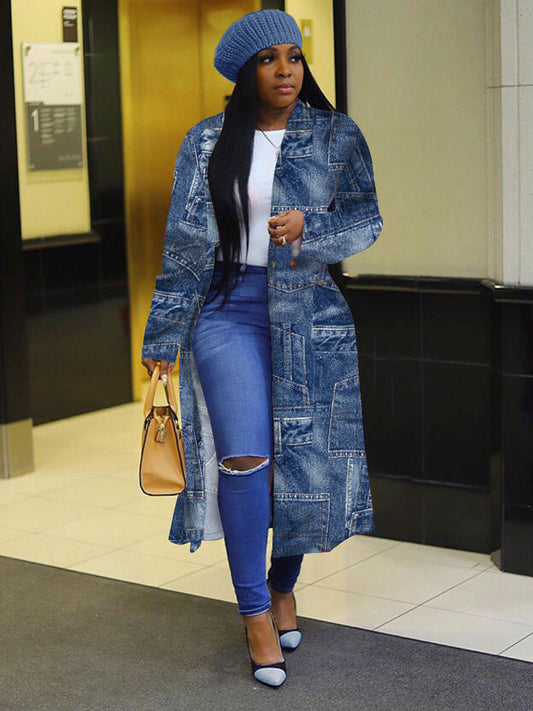 Colorblock Digital Faux Denim Print Double Breasted Women's Open Maxi Cardigan to 5X Plus Size