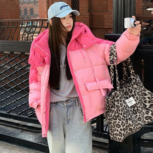 Quilted Oversized Colorblock Cotton Down Women's Puffer Hoodie Jacket