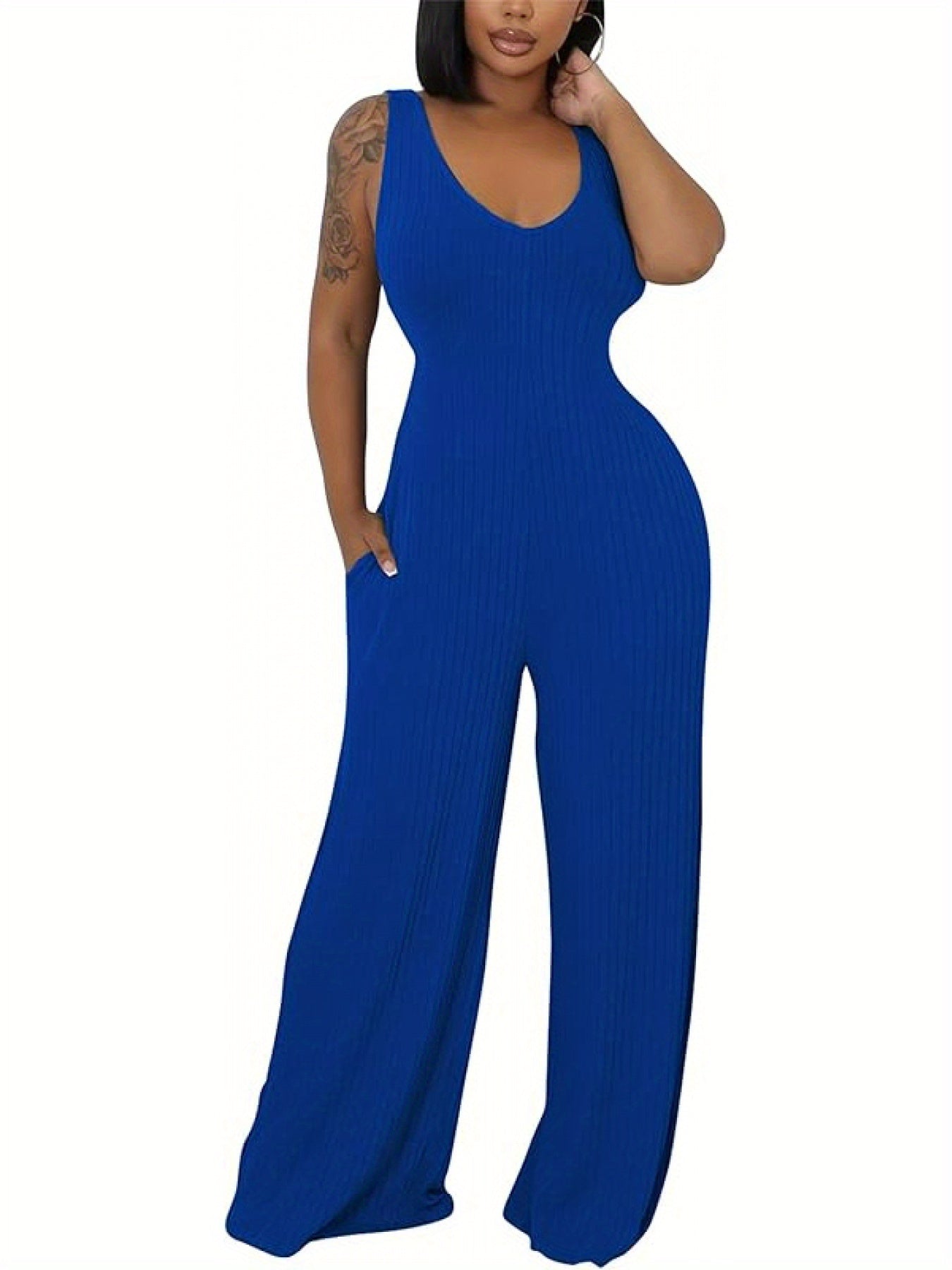 Ribbed Knitted Solid Color Batwing Sleeve Blazer + U-Neck Women's Sleeveless Jumpsuit 2-Piece Set