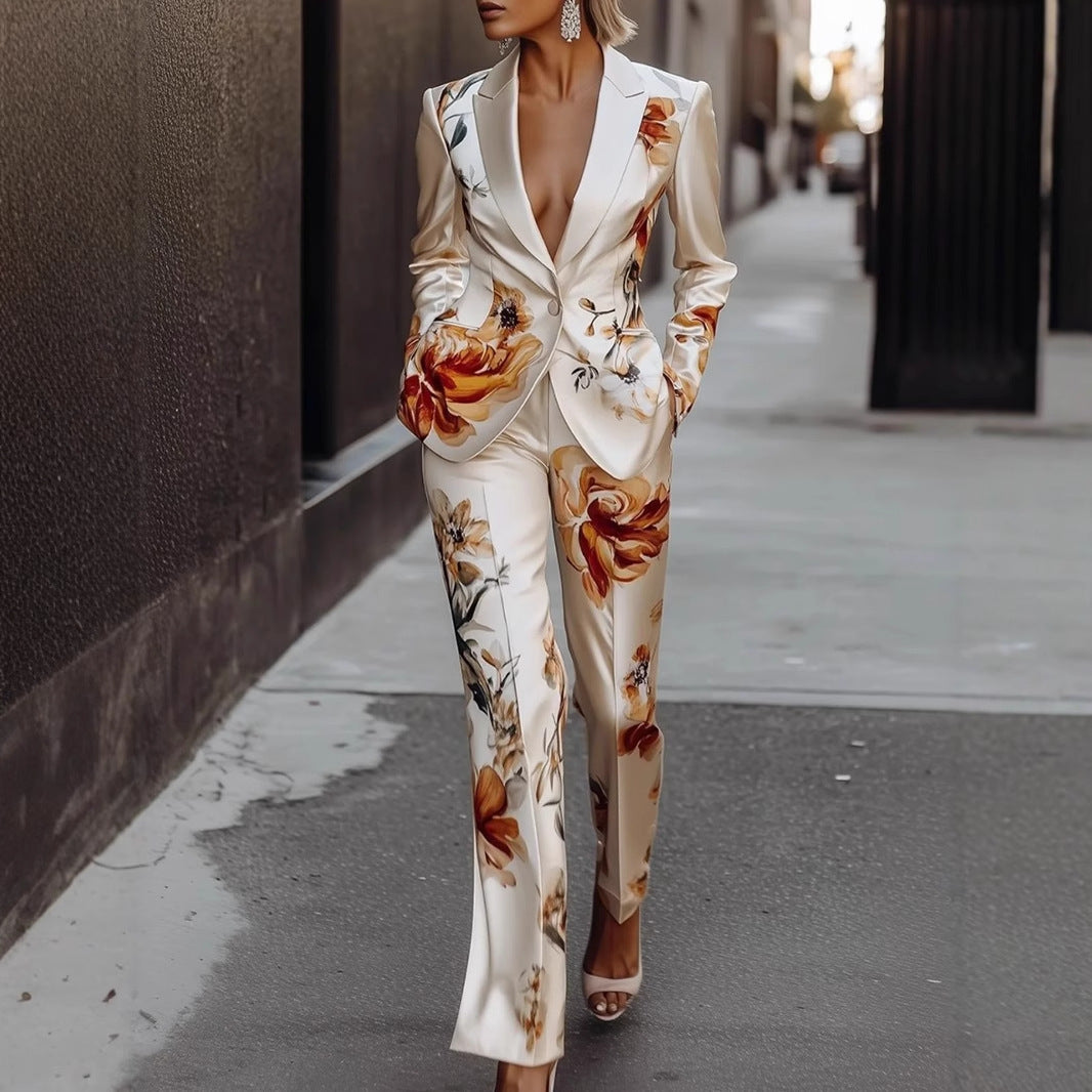 White Satin Flower Print Blazer Jacket + Pants Women's Suit