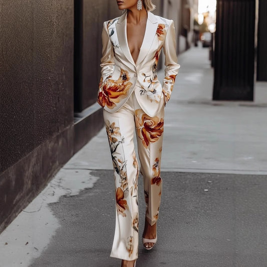 White Satin Flower Print Blazer Jacket + Pants Women's Suit