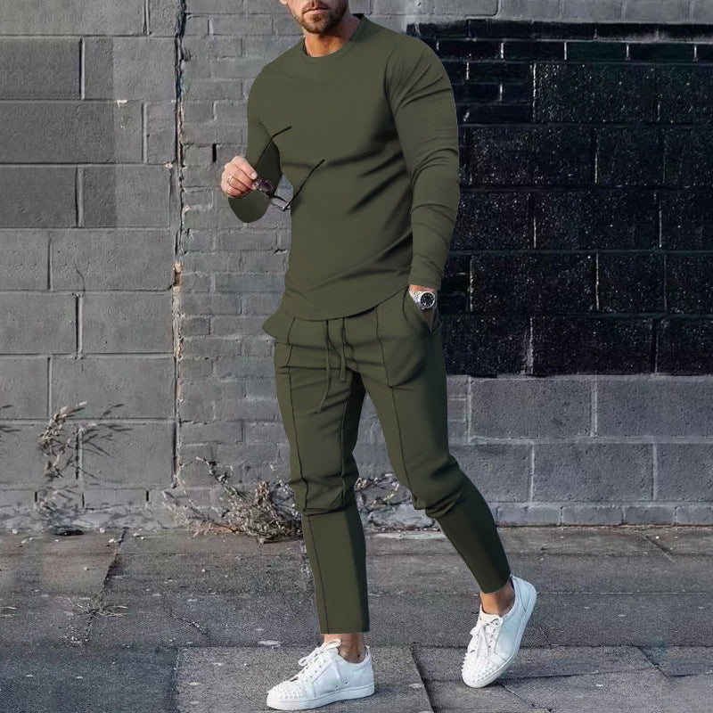Men's Solid Color 3D Digital Print Long Sleeve O-Neck T-Shirt + Drawstring Pocketed Sweatpants 2-Piece Set