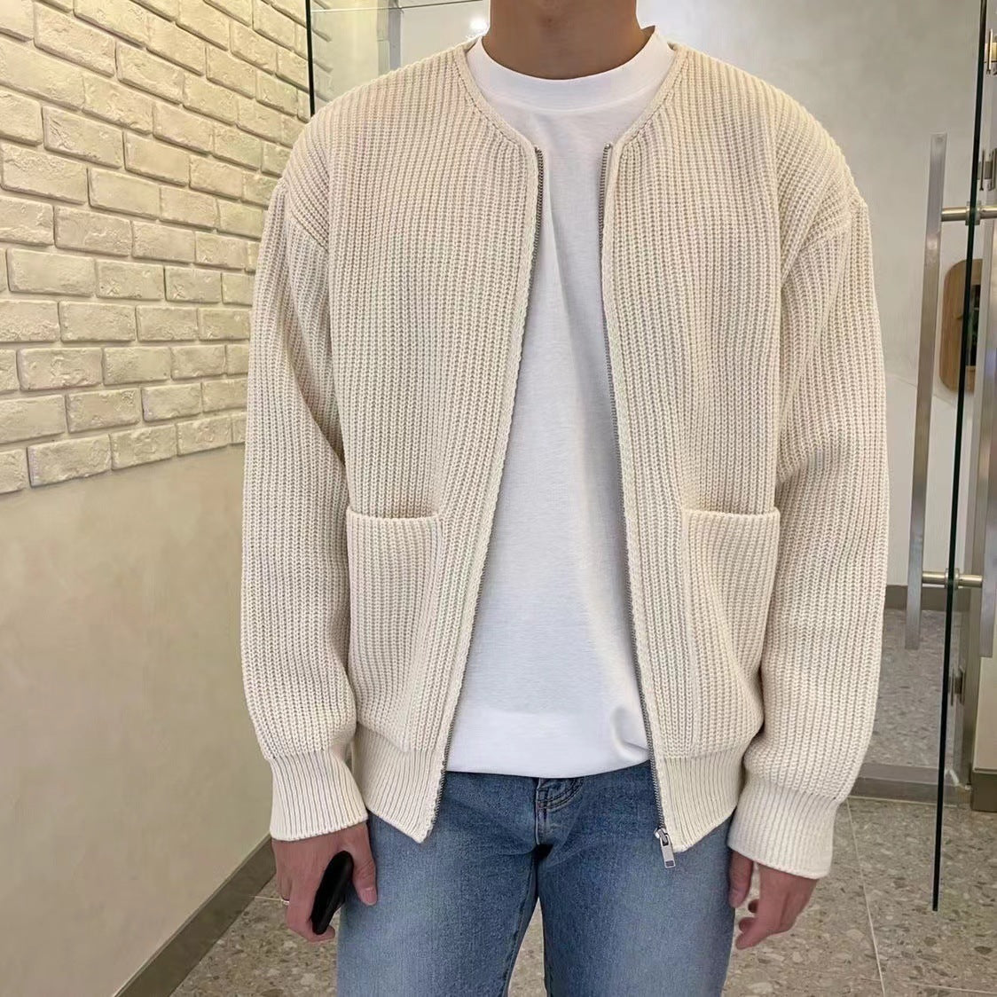 Men's Knitted Lined Funnel Neck Pocketed Zipper Cardigan Sweater Jacket