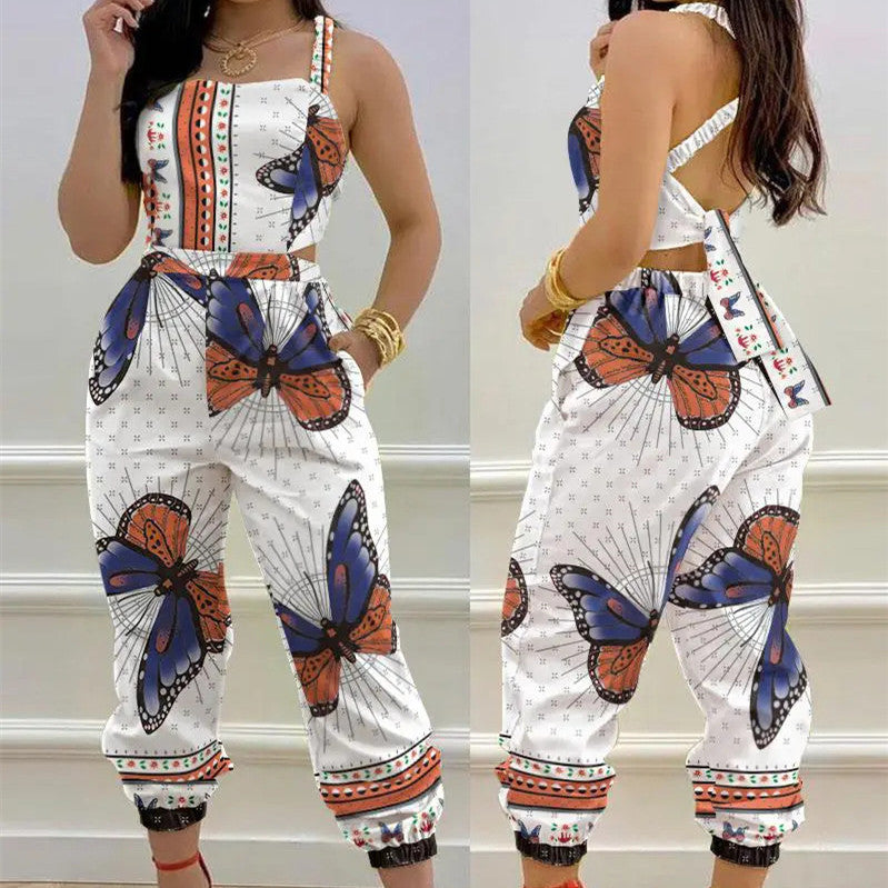 Flower/Butterfly/Faux Denim Colorblock Women's Jumpsuit to 3X Plus Size