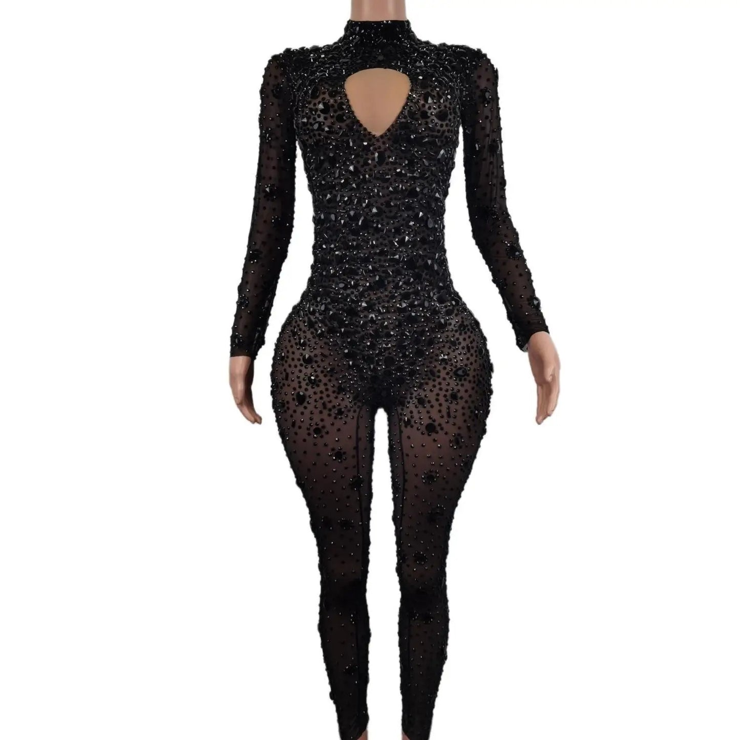 Sheer Transparent Cut-Out Rhinestone Long Sleeve Women's Jumpsuit